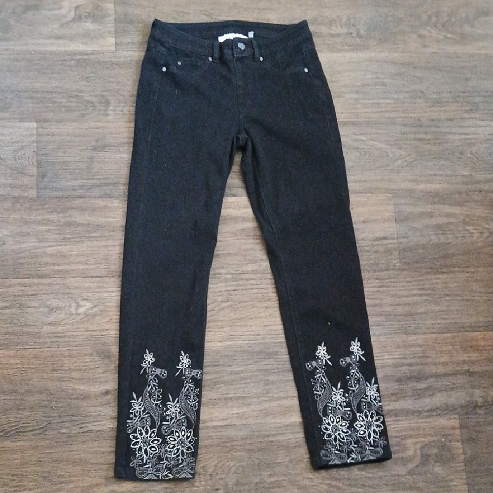 LaBellum by Hillary Scott Black Embroidered Sequins Denim Pants.